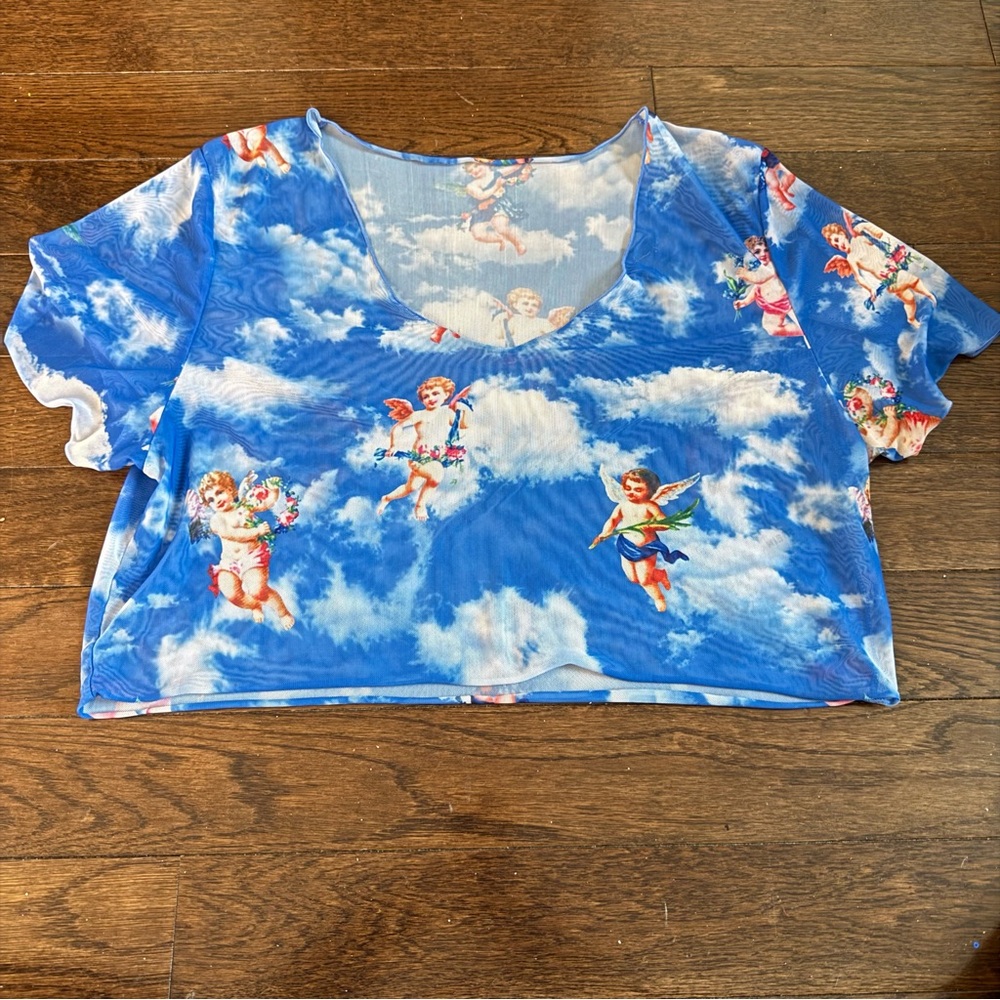 SHEIN Sky Blue Cherub Print Women’s Mesh Crop Top